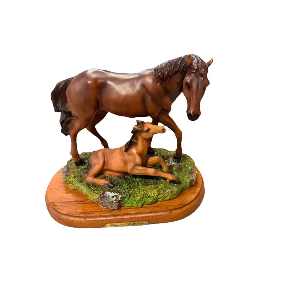 Vintage Elegante Collection Mare & Foal Horse Figurine Resin Statue Wood Base
